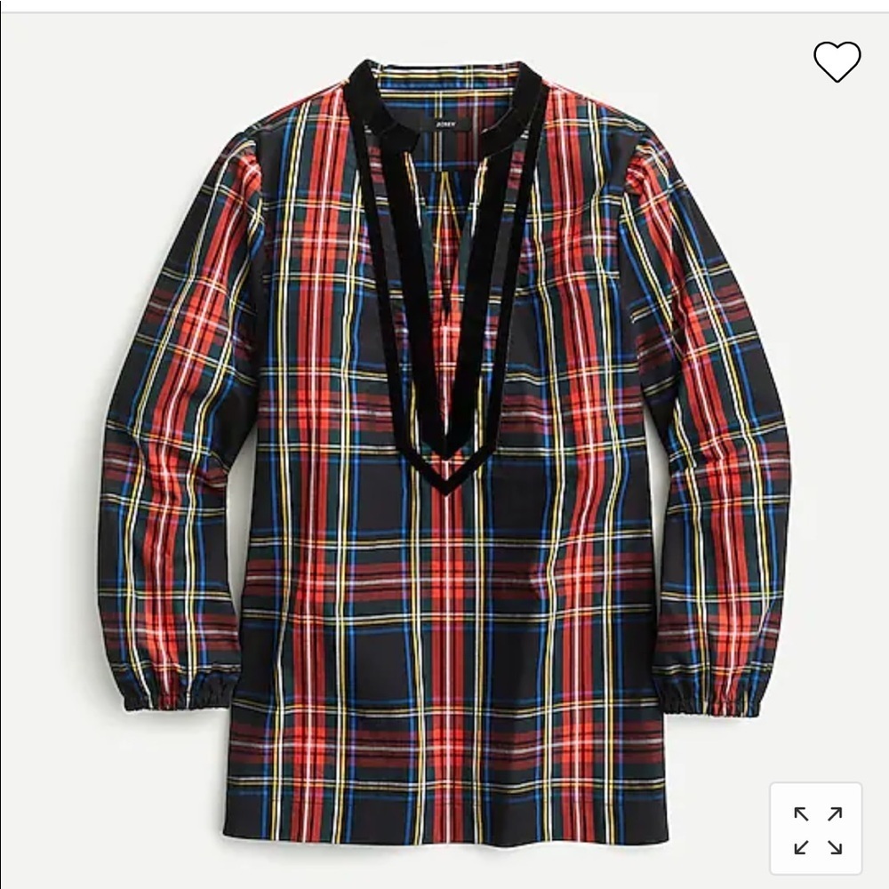 J Crew Velvet Trimmed V Neck Tunic Black red Tartan long sleeve blouse top XS